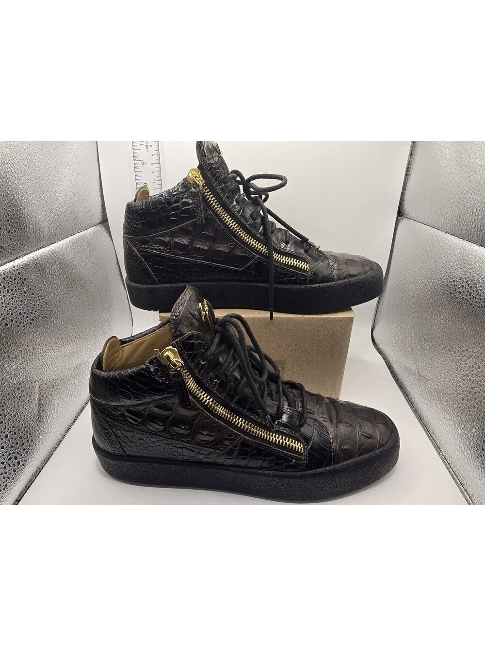 Giuseppe Zanotti Size 42 Dark Brown Croc Embossed Leather High Top Sneakers